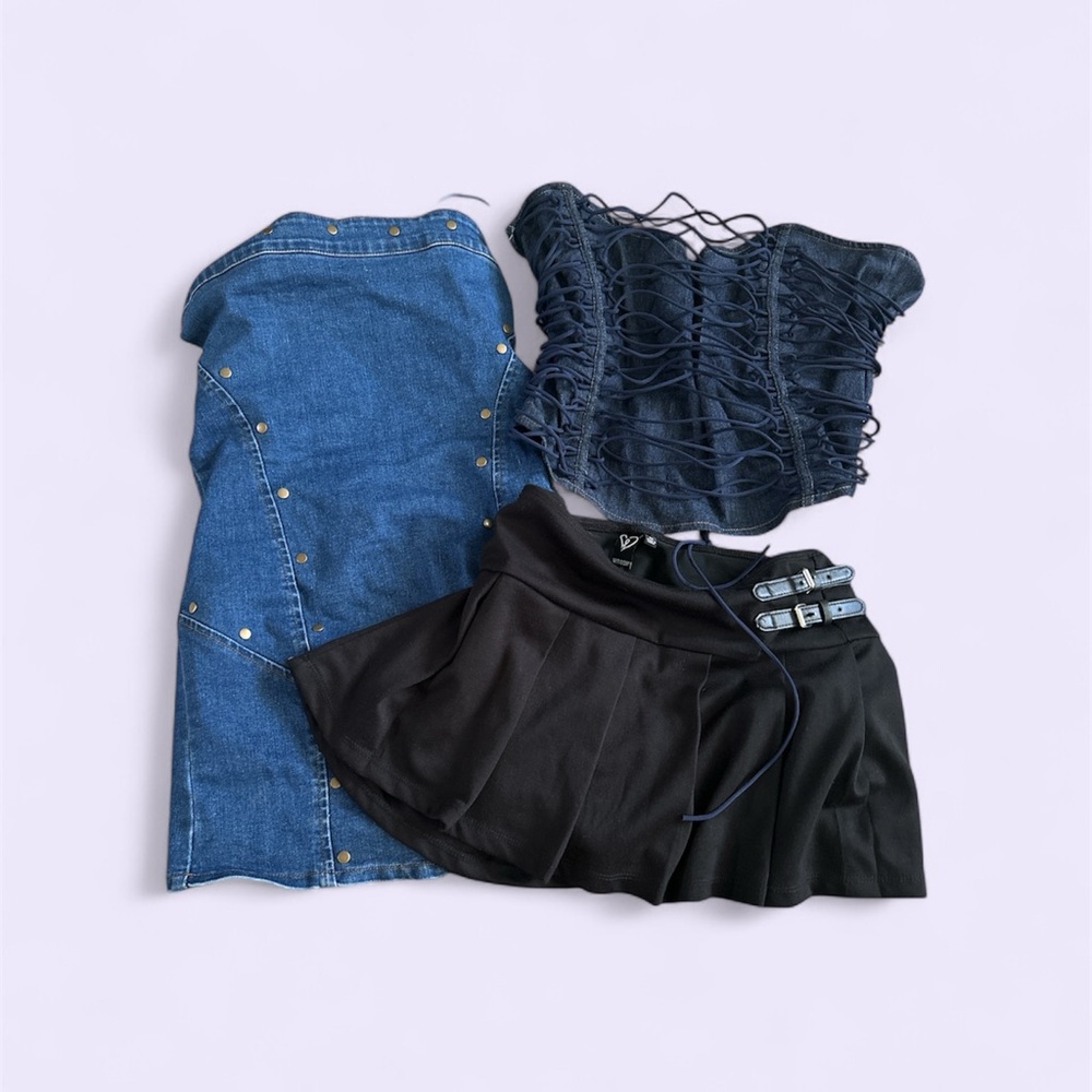 Denim Midi Skirt, Lace-Up Corset Top, Black Pleated Mini Skirt Set Bundle